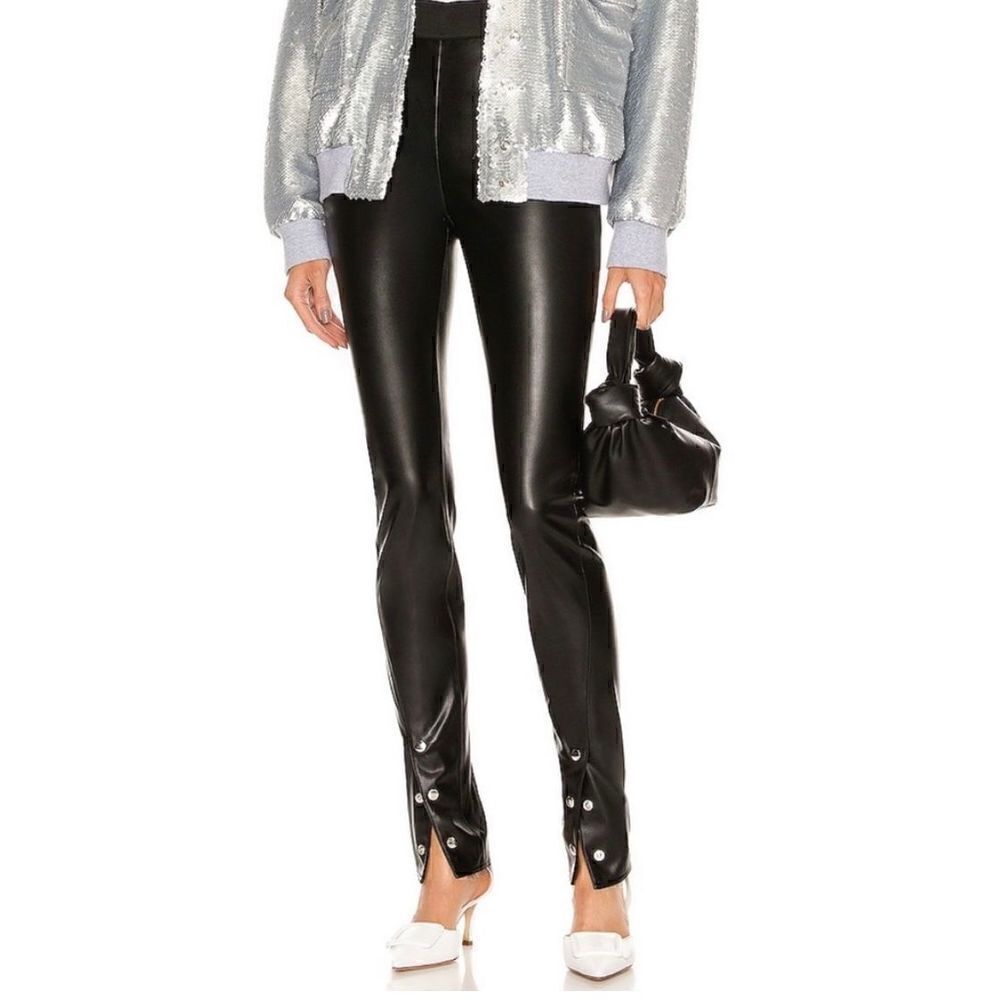 RTA "MAELEE" HIGH-RISE SPLIT
BUTTON-HEM FAUX LEATHER
PANTS in Black NWT SZ 27